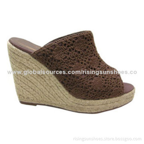 Women's slippers, high wedge heel with crochet upper + espadrille platform, in various colors